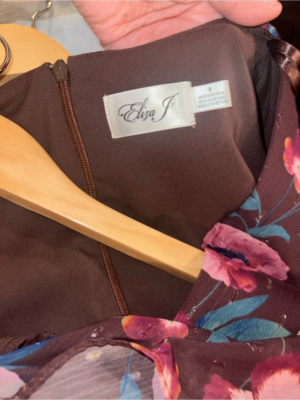 Eliza J Brown Floral Wrap Midi Dress with Pink & Blue Blooms - Picture 12 of 13